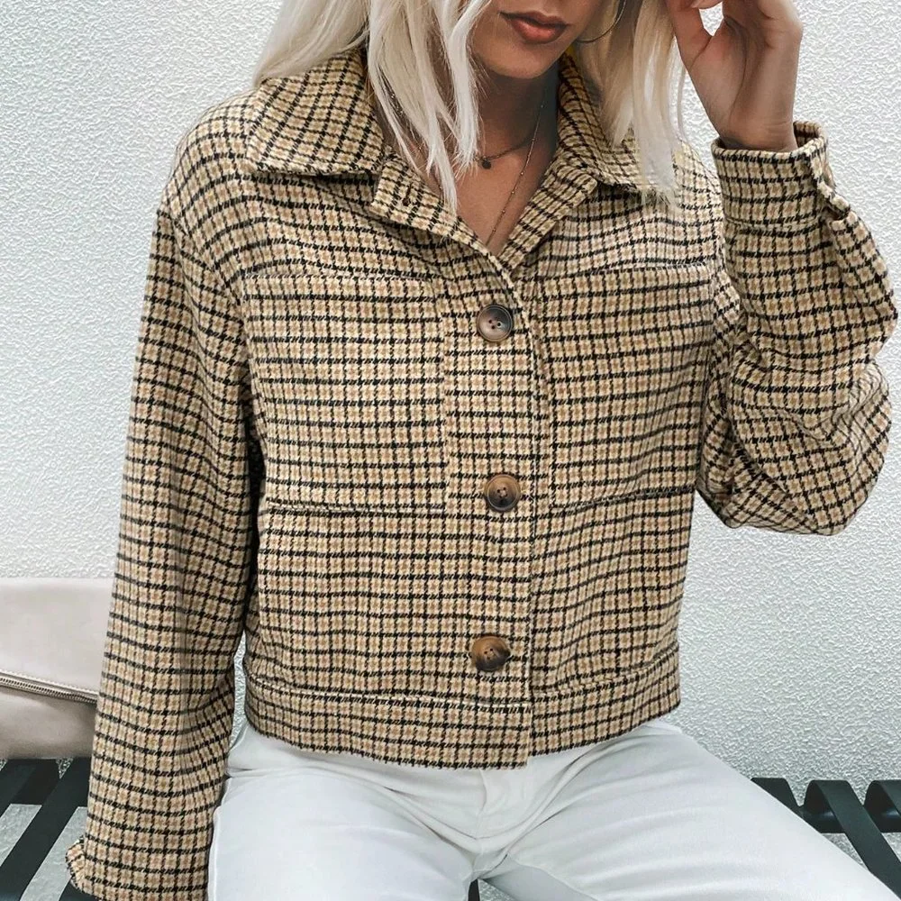 Multicolor Casual Womens Houndstooth Print Drop Shoulder Jacket - Picture 4 of 5